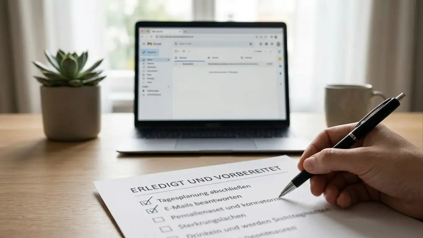 Ruhige Schreibtischszene mit einer Checkliste auf Papier und einem Stift