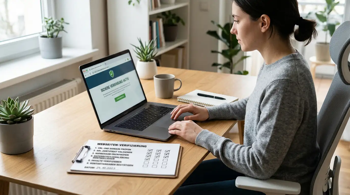 Person am Laptop prГјft eine Casino-Website, neben dem Bildschirm liegt eine ausgedruckte Checkliste mit abgehakten Punkten, ruhiges Tageslicht