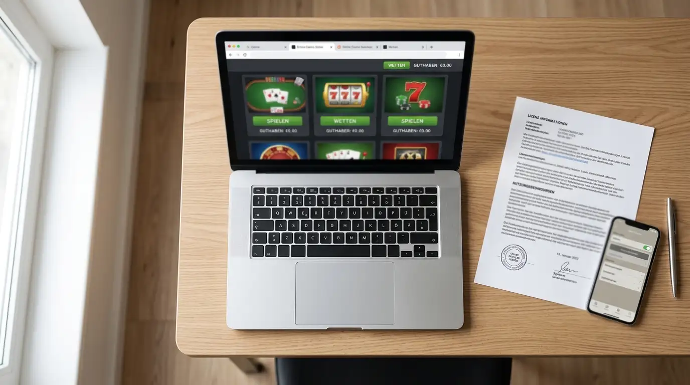 Laptop mit geöffneten Casino-Tabs und Lizenzdokument daneben