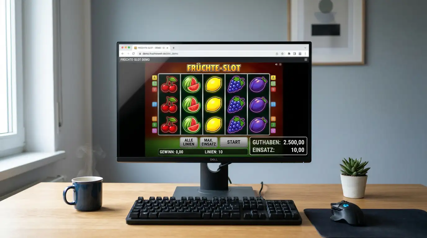 Browser-Fenster mit Sizzling-Hot-Demo und virtuellem Guthaben-Zähler