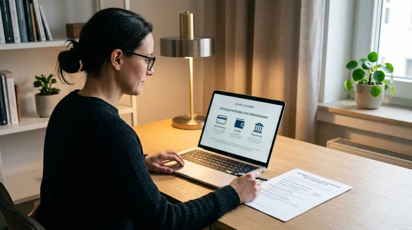 Laptop mit Zahlungsmethoden-Auswahl und Dokument zu Limits