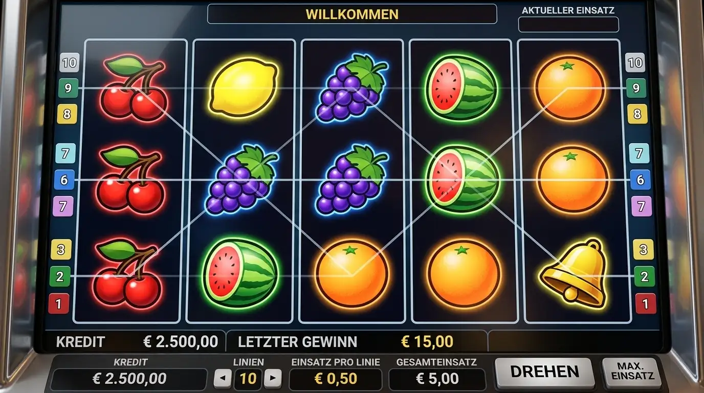 Fünf Walzen mit Frucht-Symbolen und Gewinnlinien-Markierung