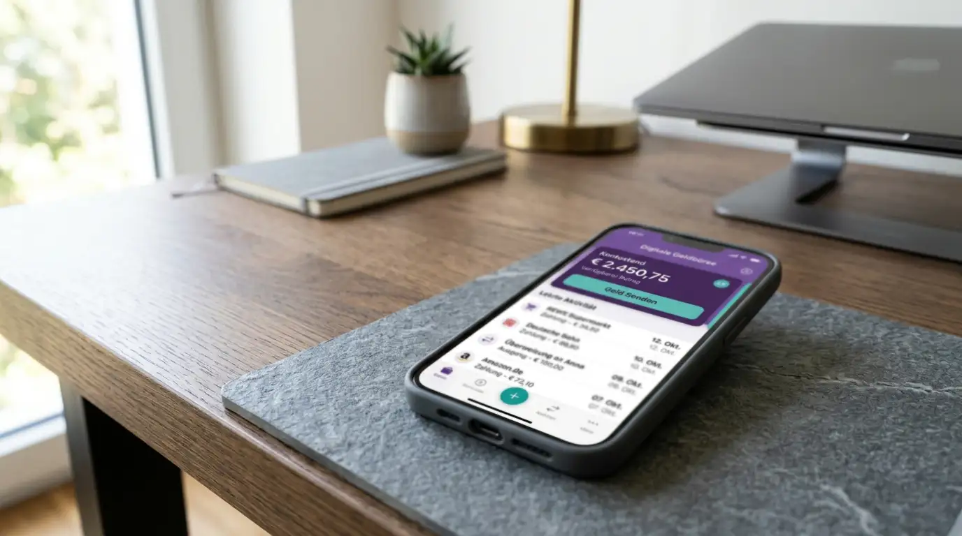 Skrill-Logo und Smartphone mit geöffneter Anwendung auf einem Schreibtisch