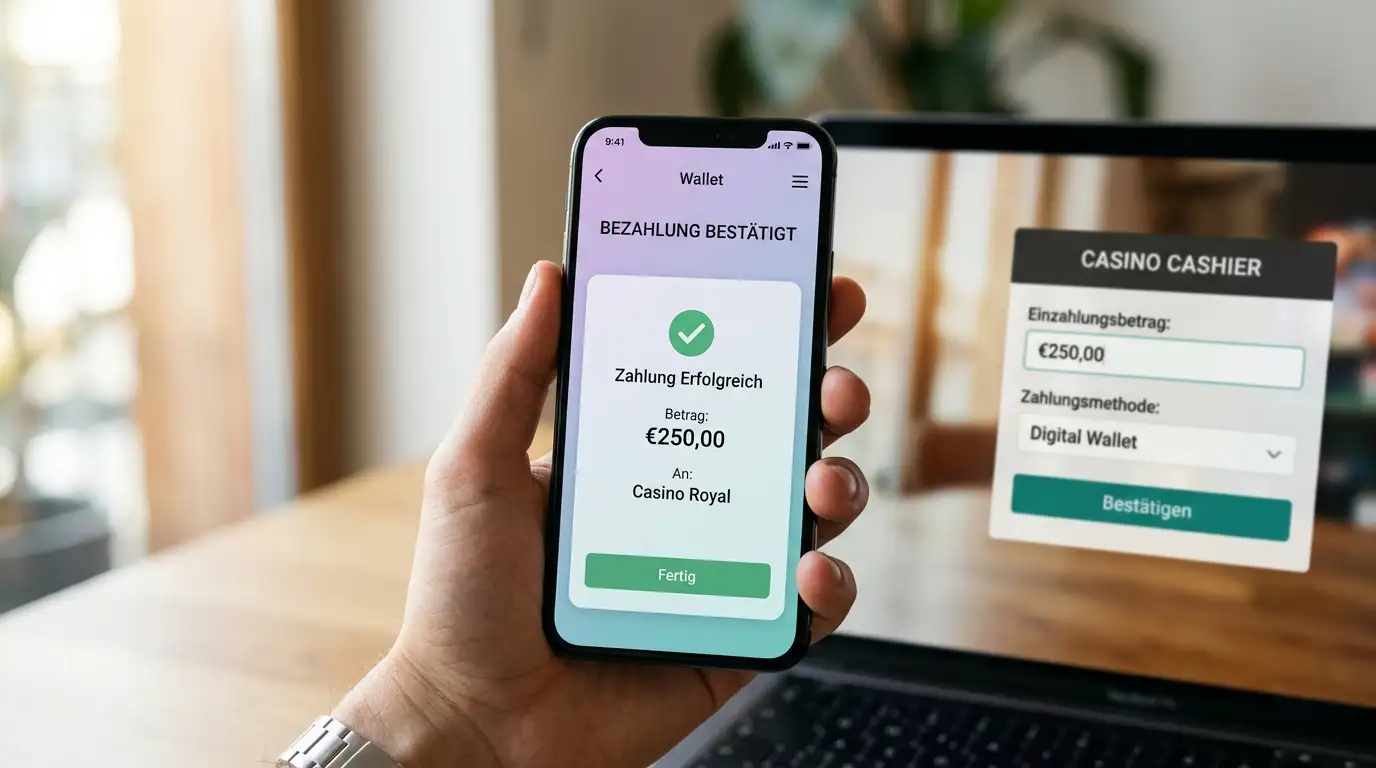 Smartphone mit geöffneter Skrill-Anwendung und Casino-Einzahlungsmaske