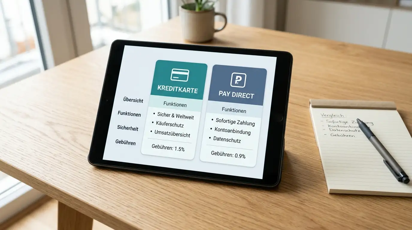 Vergleichstabelle verschiedener Zahlungsmethoden auf einem Tablet