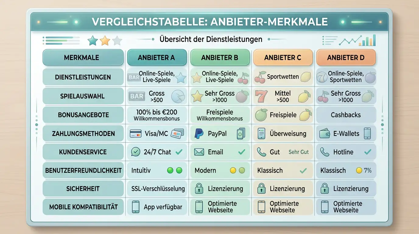 Vergleichstabelle mit Provider-Logos in neutraler Darstellung, Slot-Walzen im Hintergrund