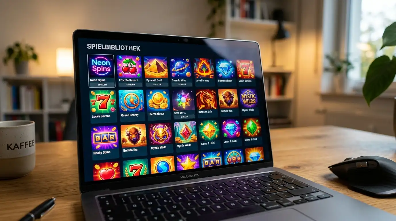 Laptop-Bildschirm mit bunten Slot-Spiel-Thumbnails in Rasteransicht
