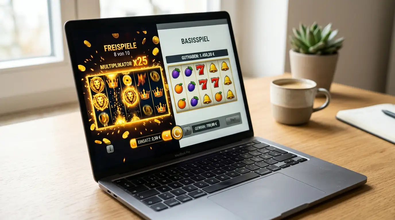 Vergleichende Darstellung zweier Slot-Screenshots — einer mit leuchtenden Multiplikatoren in Free Spins, einer mit ruhigem Base Game