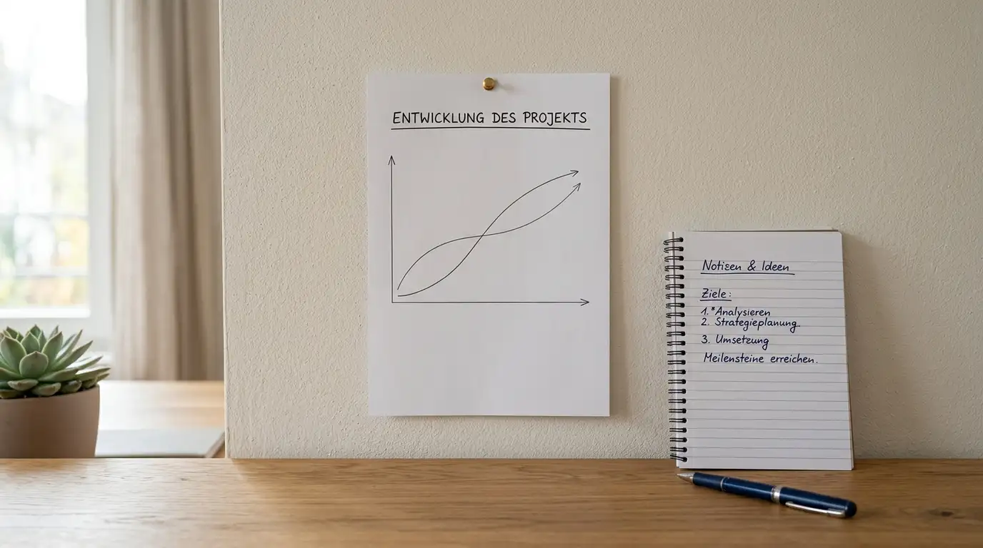 Ruhiger Schreibtisch mit Notizblock und Diagramm ohne Zahlen zur Auszahlungsgeschwindigkeit