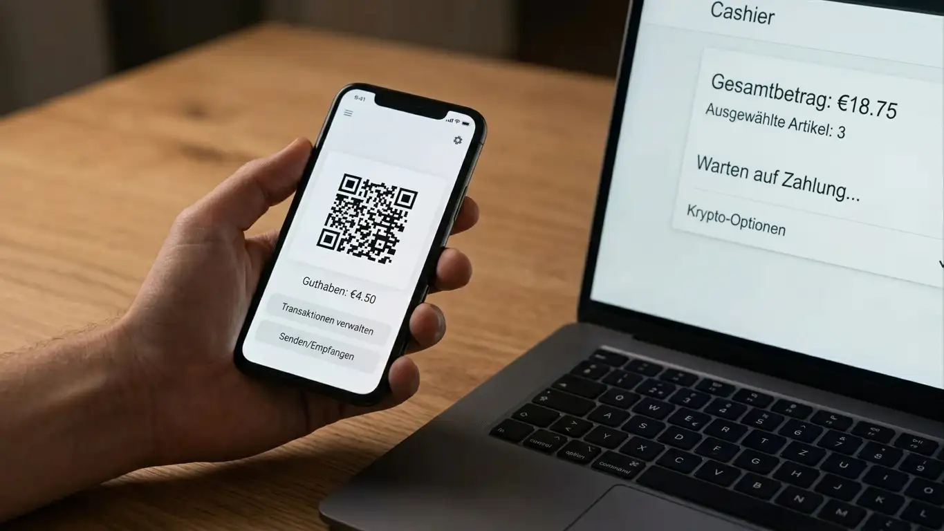 Solana-Wallet auf einem Smartphone neben einem Laptop mit offener Casino-Kasse