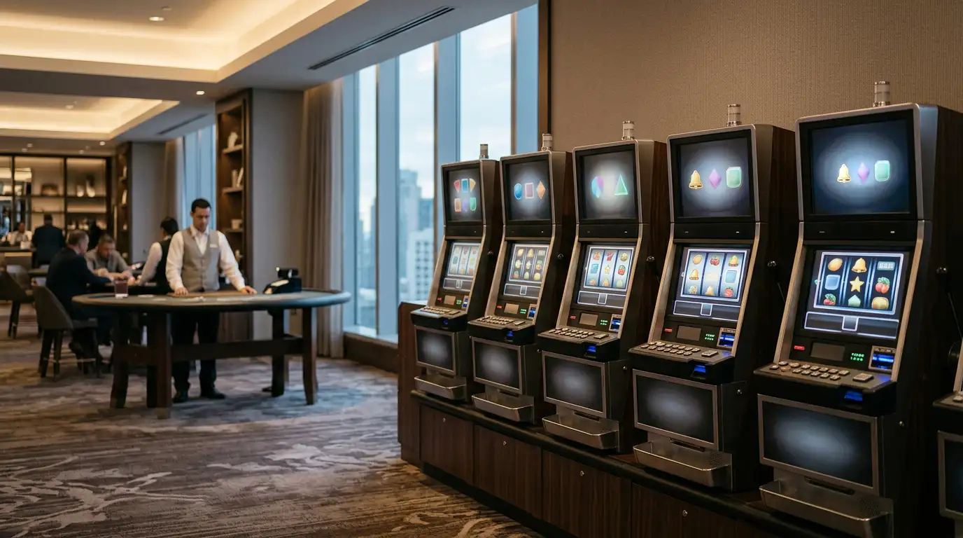 Moderne Spielautomatenreihe und Live-Tisch im neutralen Casino-Raum