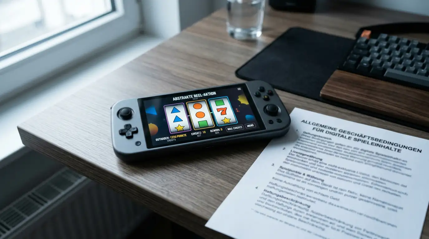 Neutraler Spielautomat-Bildschirm neben einem gedruckten Regelwerk auf einem Schreibtisch