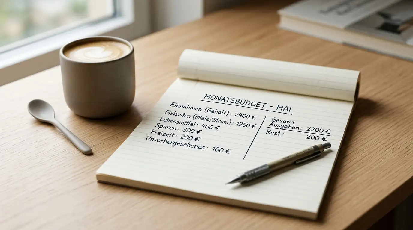 Notizblock mit handschriftlichem Spielbudget und ruhigem Kaffeebecher daneben