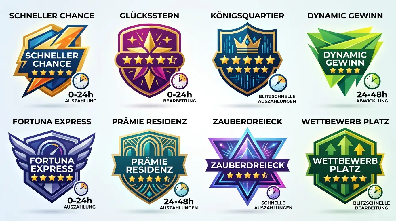 Acht Casino-Logos mit Bewertungssterne und Auszahlungsgeschwindigkeit-Icons