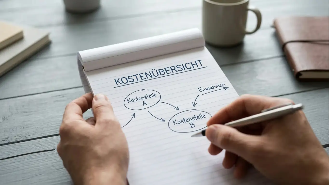 Person am Schreibtisch, die Transaktionsgebühren mit Stift und Notizblock überschlägt