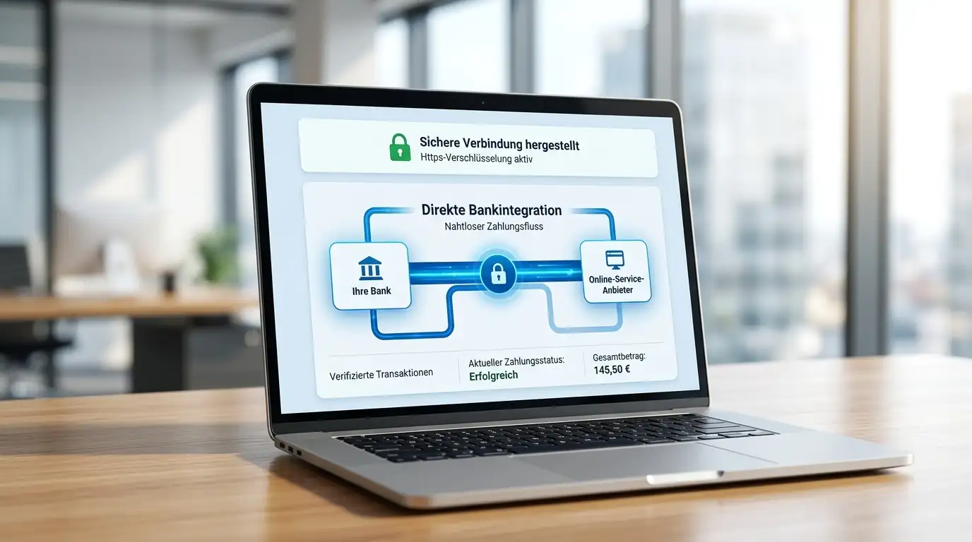 Moderner Laptop zeigt sichere Verbindung zwischen Bank und Online-Dienst