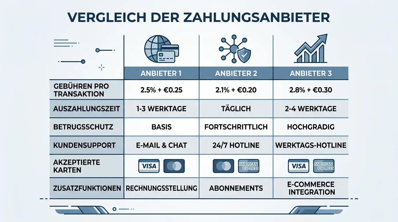 Vergleichstabelle drei Pay-N-Play-Anbieter auf neutralem Hintergrund
