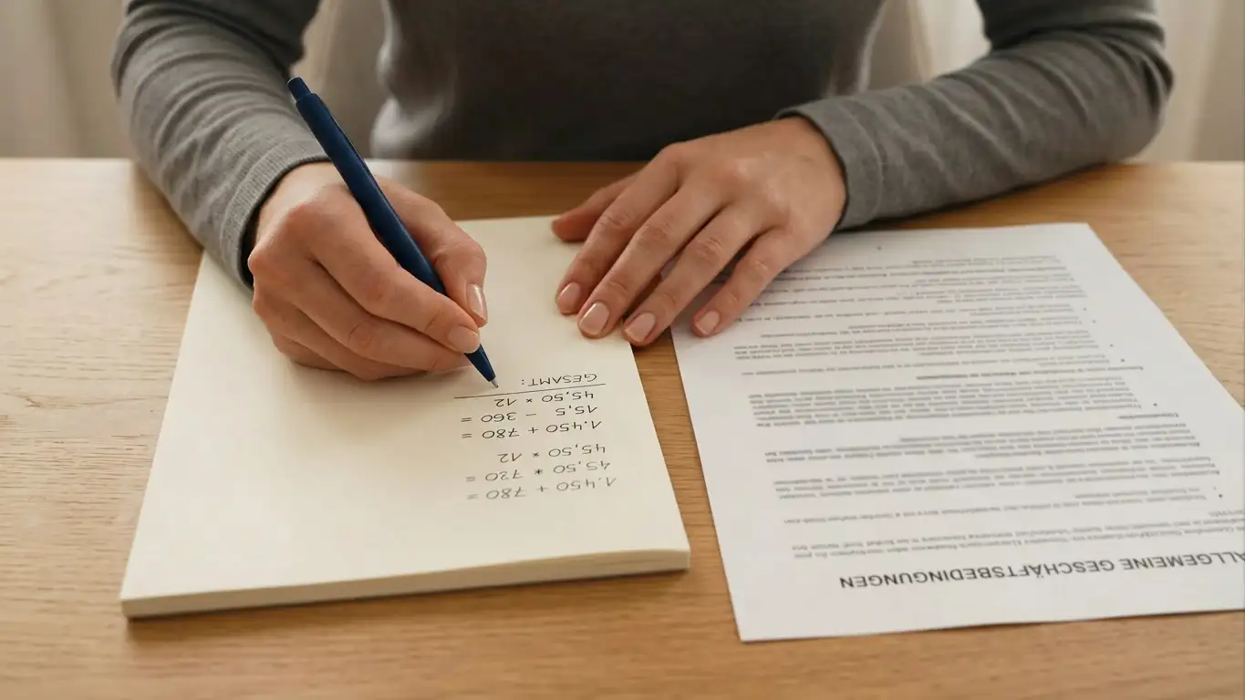 Person rechnet die Umsatzbedingung eines Bonus mit Stift und Notizblock nach