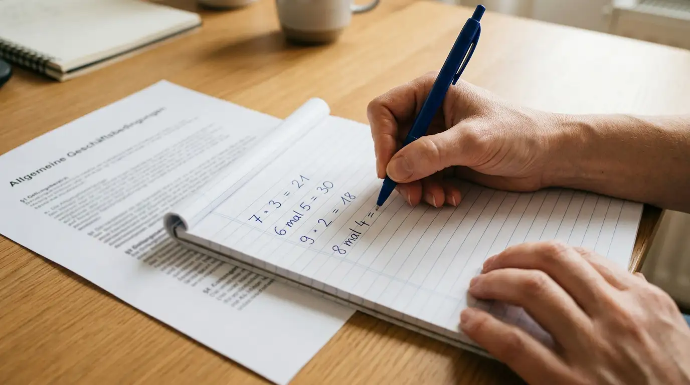 Person rechnet mit Stift und Papier die Umsatzbedingungen eines Freispielbonus durch