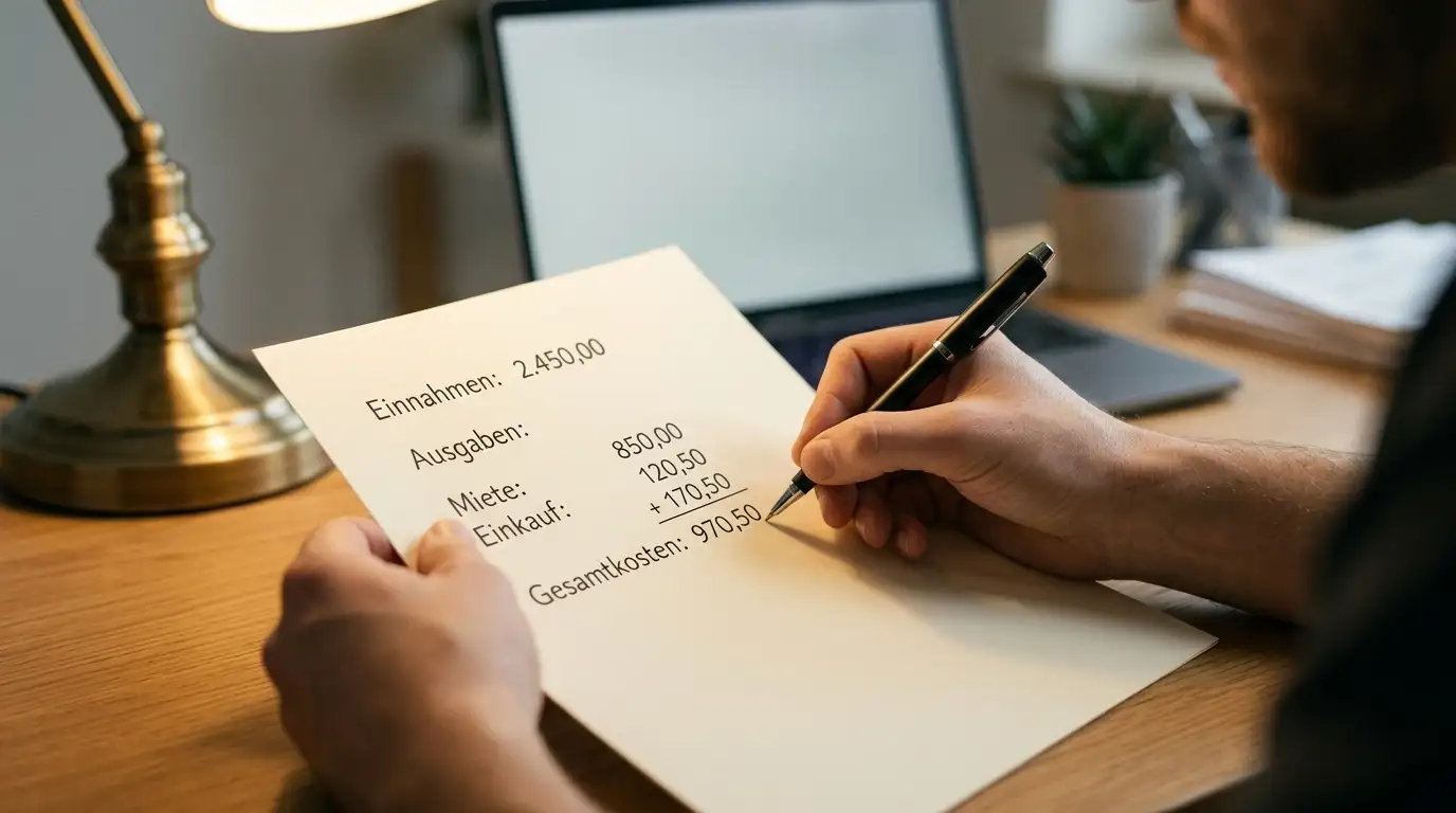 Person rechnet mit Stift auf Papier Umsatzbedingungen eines Bonus durch