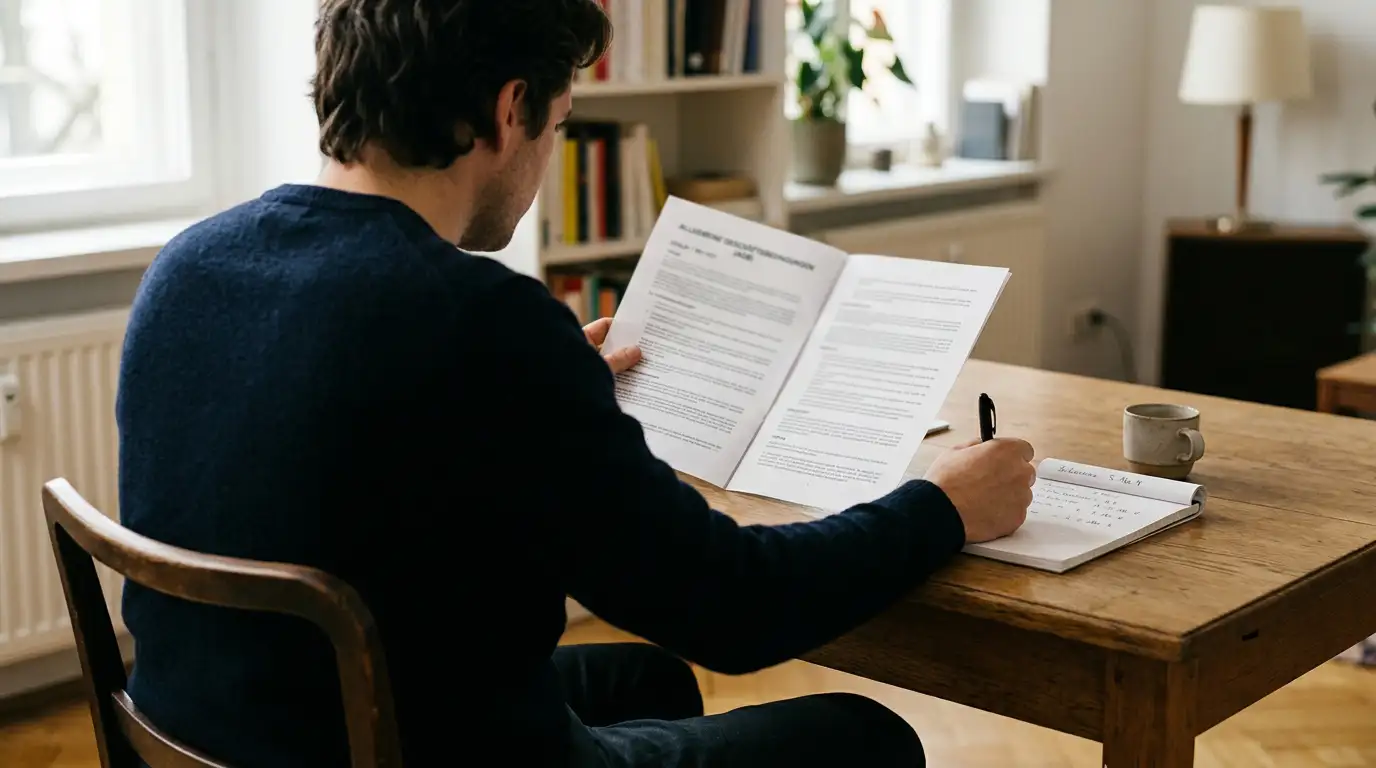 Person prüft mit Stift und Notizblock die Umsatzbedingungen eines Bonusangebots