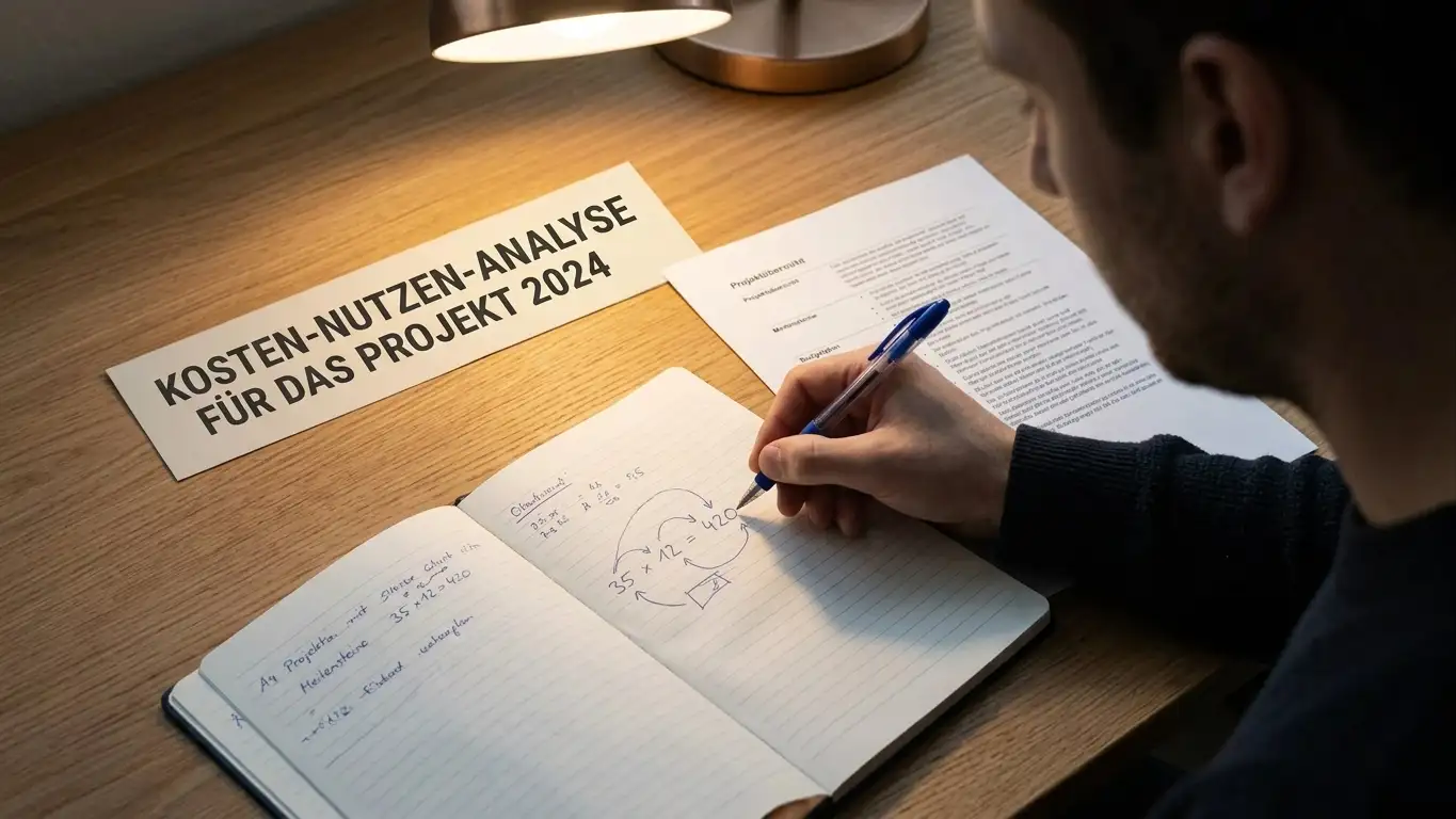 Person am Schreibtisch mit Notizblock und handschriftlicher Bonusrechnung