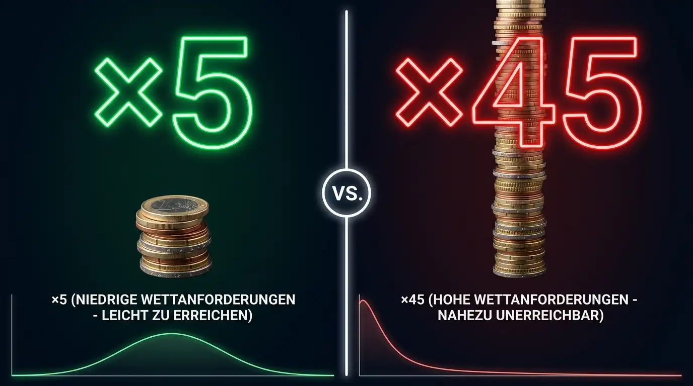 Vergleich zwischen niedrigem x5 und hohem x45 Umsatzmultiplikator beim Casino-Bonus