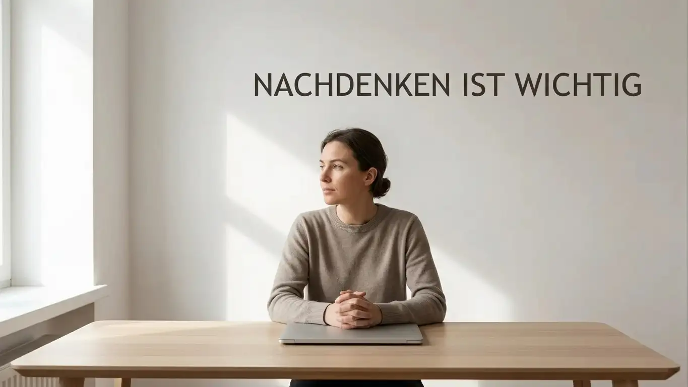 Ruhige neutrale Szene mit Person am Schreibtisch, Laptop geschlossen, nachdenkliche Haltung bei Fensterlicht