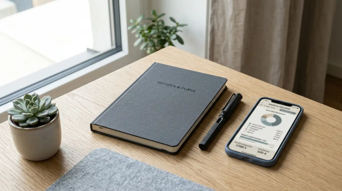 Ruhiger Schreibtisch mit Notizbuch und Stift für Budgetplanung