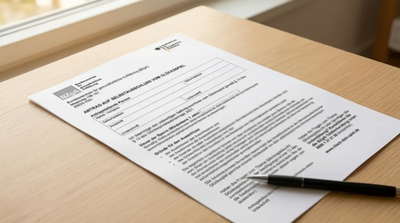 Dokument mit Selbstausschluss-Formular und BZgA-Kontaktdaten