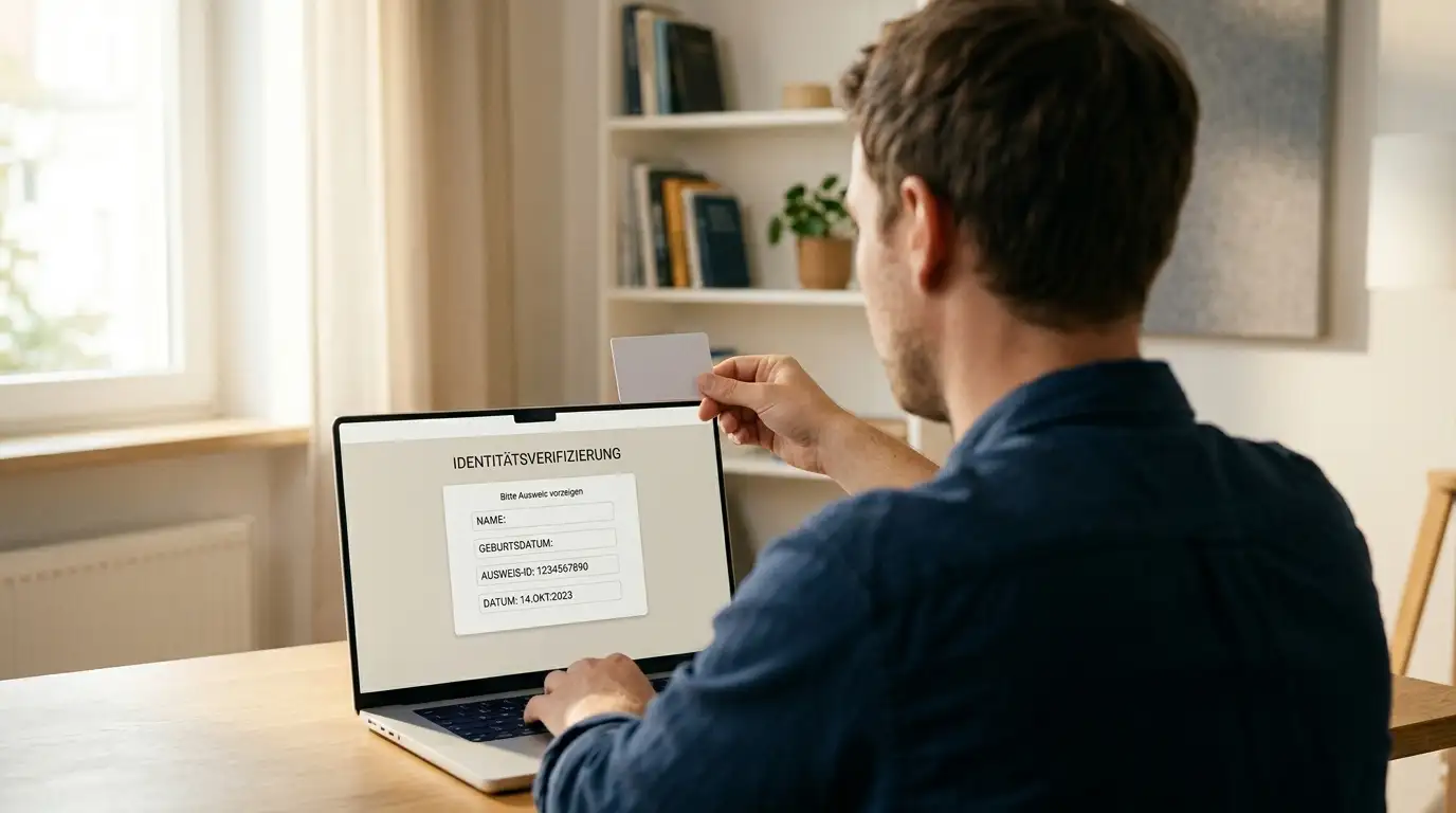 Person an einem Laptop bei einem Video-Identifizierungsvorgang mit Ausweisdokument