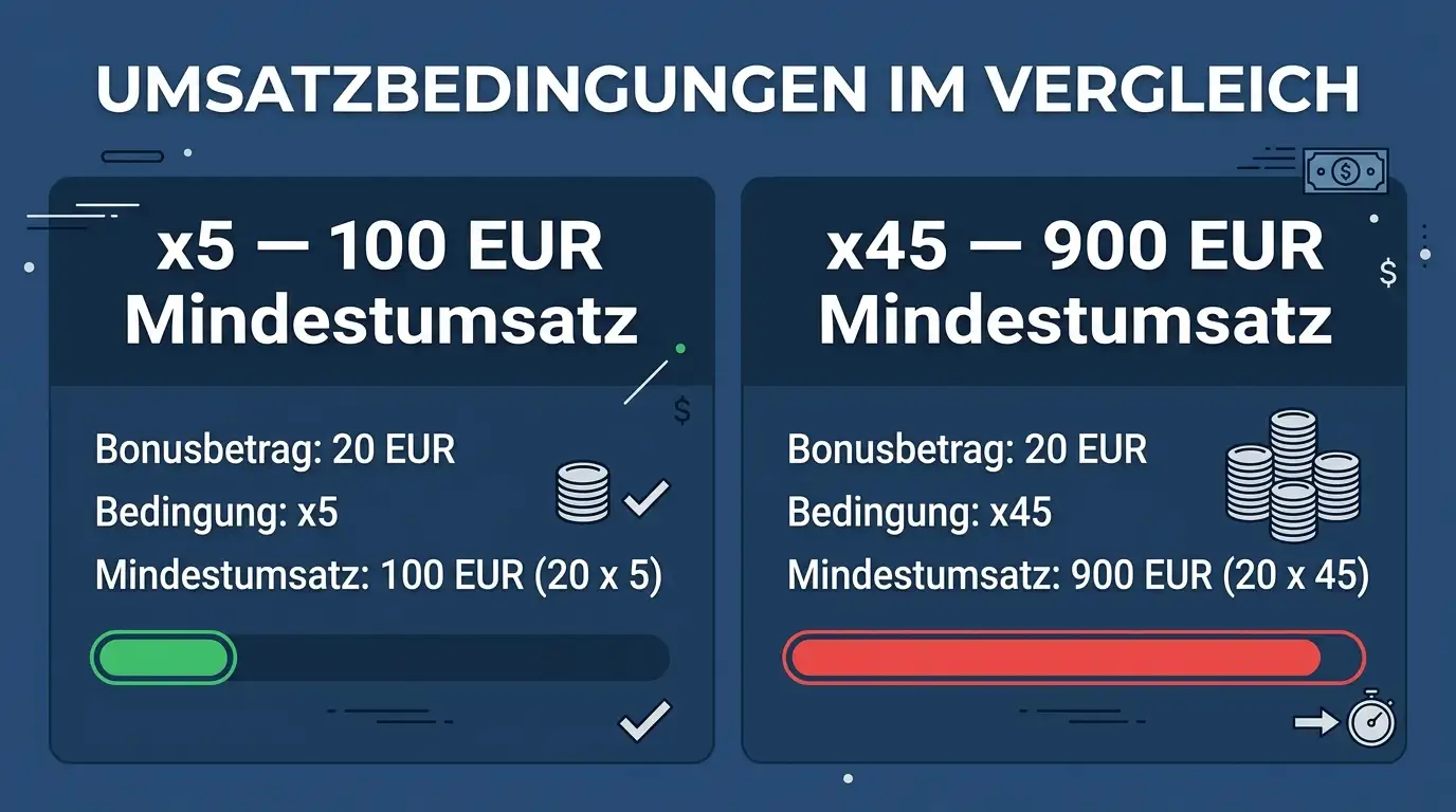 Wagering-Requirement-Rechenbeispiel: ×5 versus ×45 Umsatzbedingungen im Direktvergleich