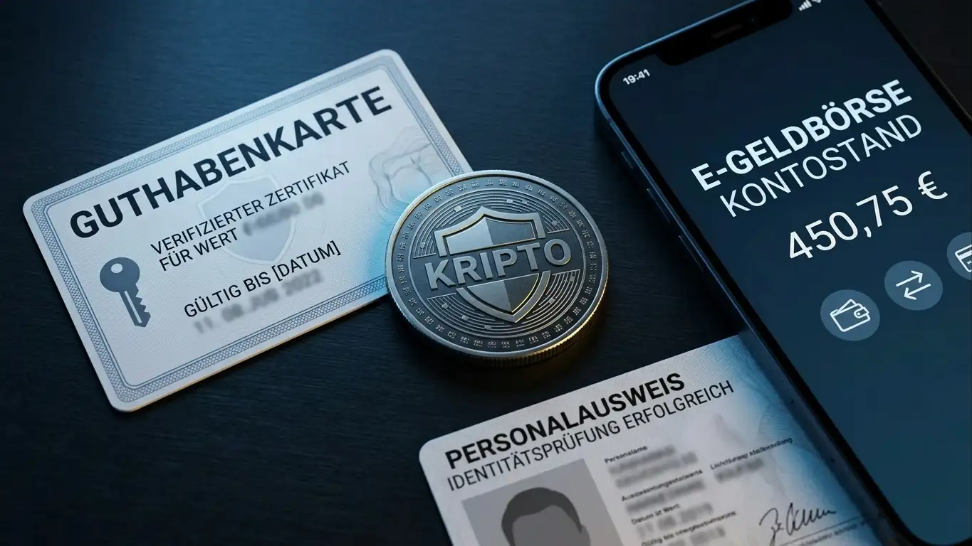 Kryptowährung, Paysafecard und E-Wallet-Symbole neben einem Ausweisdokument für die KYC-Prüfung