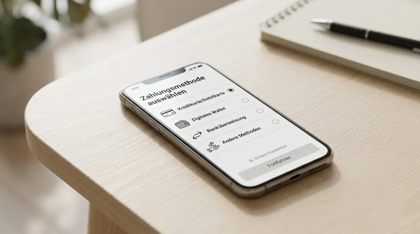 Smartphone mit neutraler Zahlungsauswahl und stilisierten Bezahl-Icons auf hellem Hintergrund