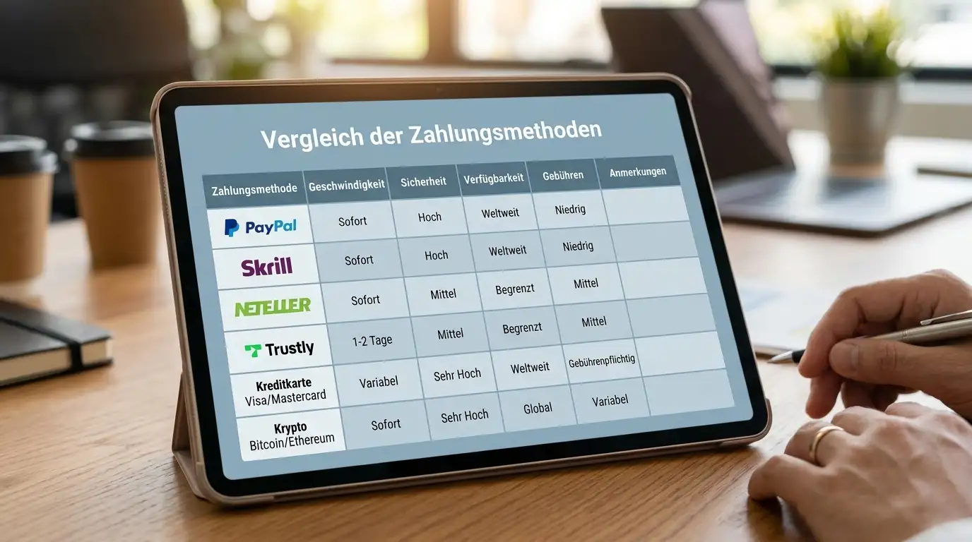 Vergleichstabelle der Zahlungsmethoden auf Tablet-Bildschirm