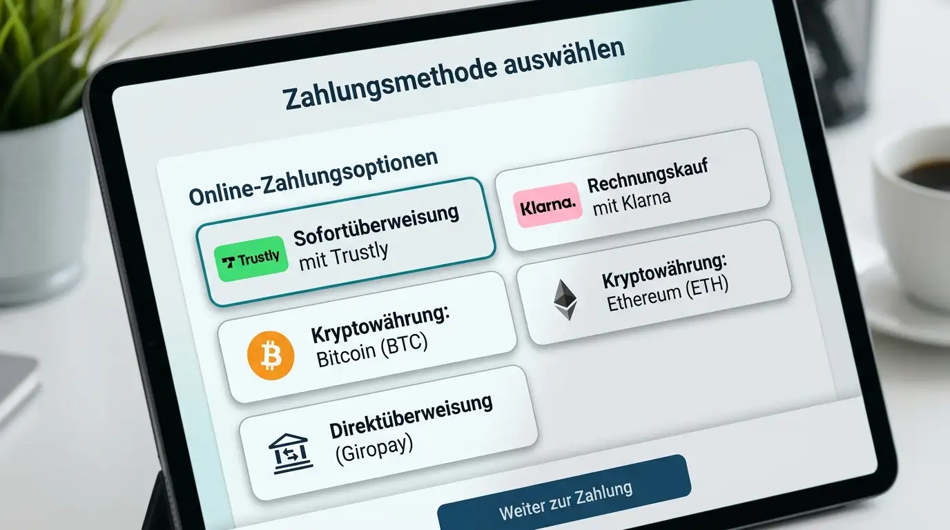 Online-Banking-Interface mit Zahlungsmethoden Trustly, Klarna und Krypto
