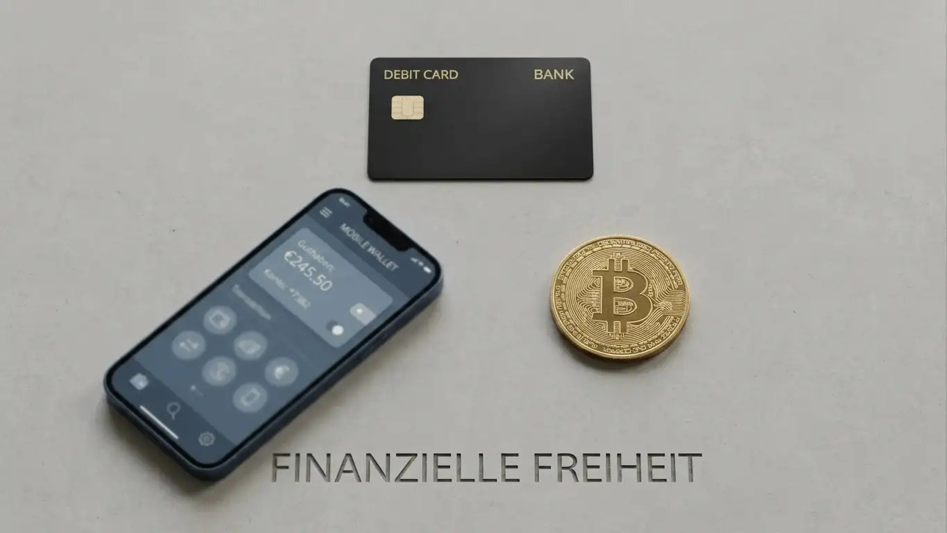 Kreditkarte, E-Wallet-App und Bitcoin-Symbol auf neutralem Hintergrund