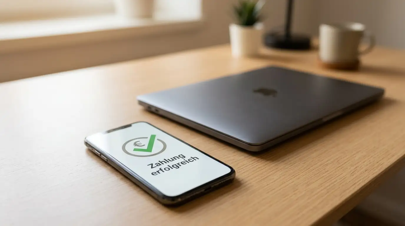 Smartphone mit digitaler Zahlung und E-Wallet-Interface neben einem Notebook