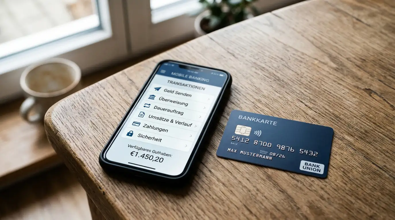 Kreditkarte und Smartphone auf Tisch mit Banking-App geöffnet