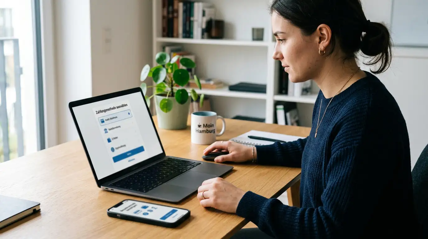 Person am Laptop mit Smartphone zeigt verschiedene Zahlungsmethoden-Icons