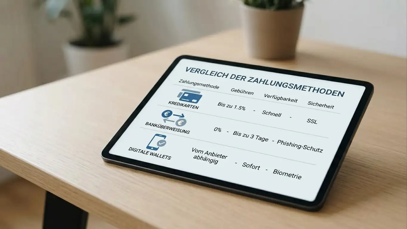 Vergleich verschiedener Zahlungsmethoden auf einem Tablet-Bildschirm