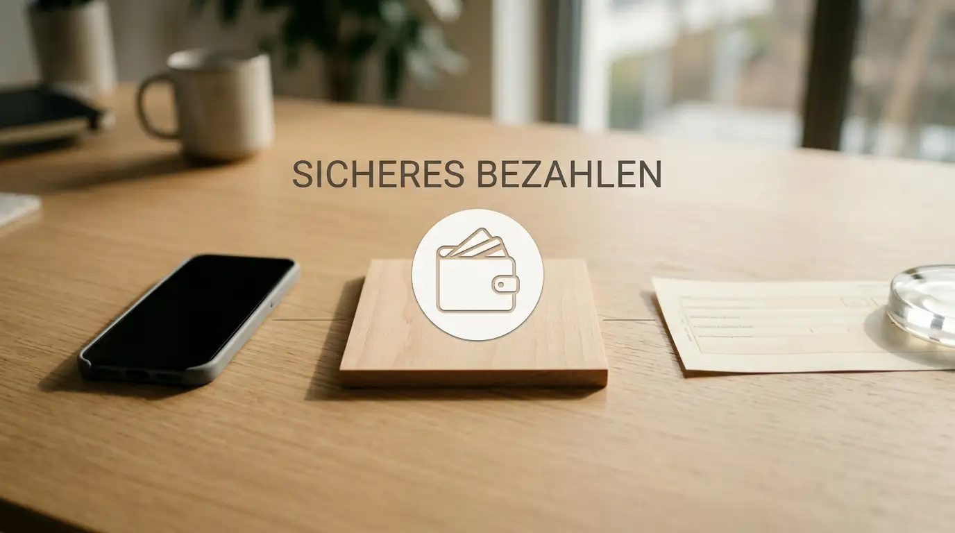 Tragbarer Rechner mit neutraler Zahlungsübersicht und drei farblich getrennten Übertragungswegen